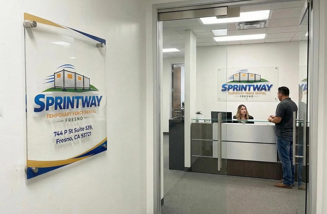 Sprintway Temporary Fence Rental Fresno office entrance with company signage and front desk